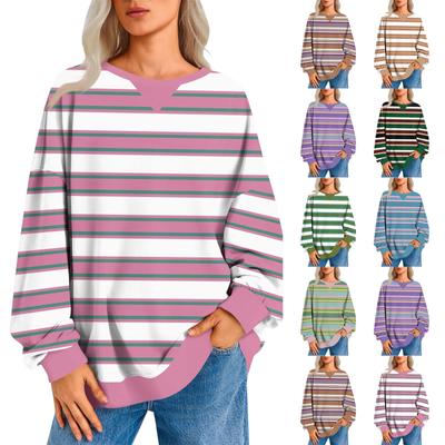 Pulôver listrado casual feminino, camisa de manga comprida, moletom grande