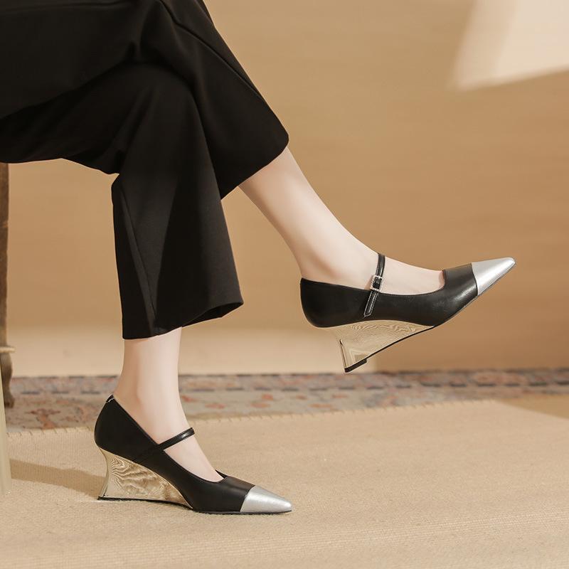 75007 [sheepskin] Silver High Heels Women's Wedge Heel New Pointed Temperament Word with Commuter Splicing Single Shoes