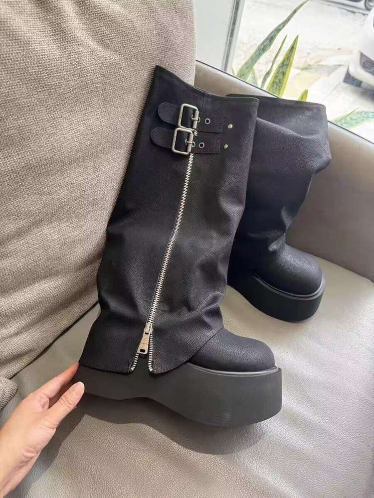 Women's Boots Thick Sole Height Increasing Knee Long Tube Boot Platform Round Toe Side Zipper Fashion Belt Buckle Women Shoes