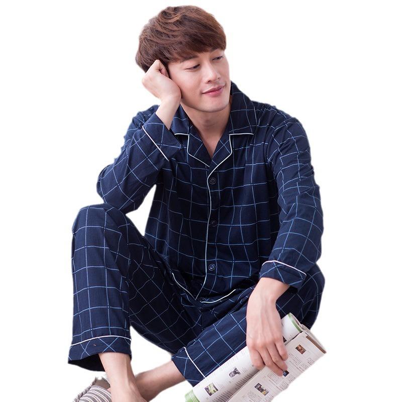 100% Pure Cotton Pajamas Men's Long-sleeved Spring and Autumn Korean Version Plaid Casual Large-size Winter Men's Loungewear Suit