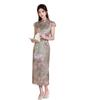 Satin printed national style new Chinese long cheongsam spring and summer new improved fashion slim and thin dress