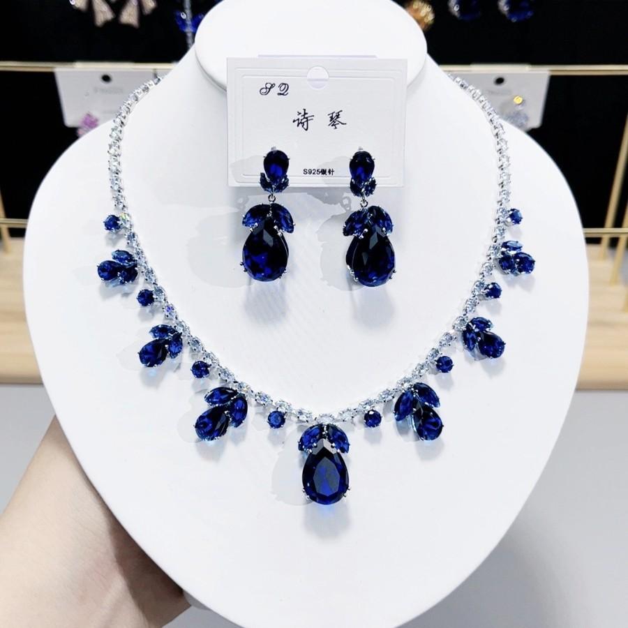 Luxury Waterdrop Pendant Jewelry Set Earring Pink Necklace For Women Bridal Wedding Exquisite Fashion Zircon Party Banquet Gift