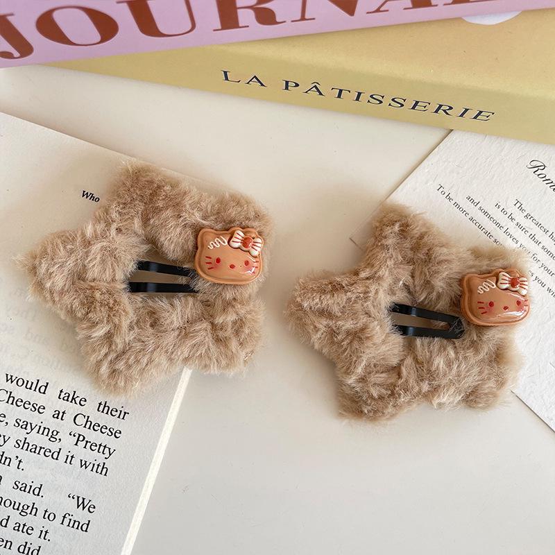 Sweet KT Cat Plaid Bow Plush Hair Clip - Cute Autumn/Winter Accessory