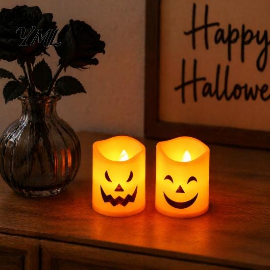 Battery Operated Halloween Decorations 6 Pcs Flameless Tea Lights, Orange Flickering Electric Fake Creative Gift for Candles, Spooky Pumpkin
