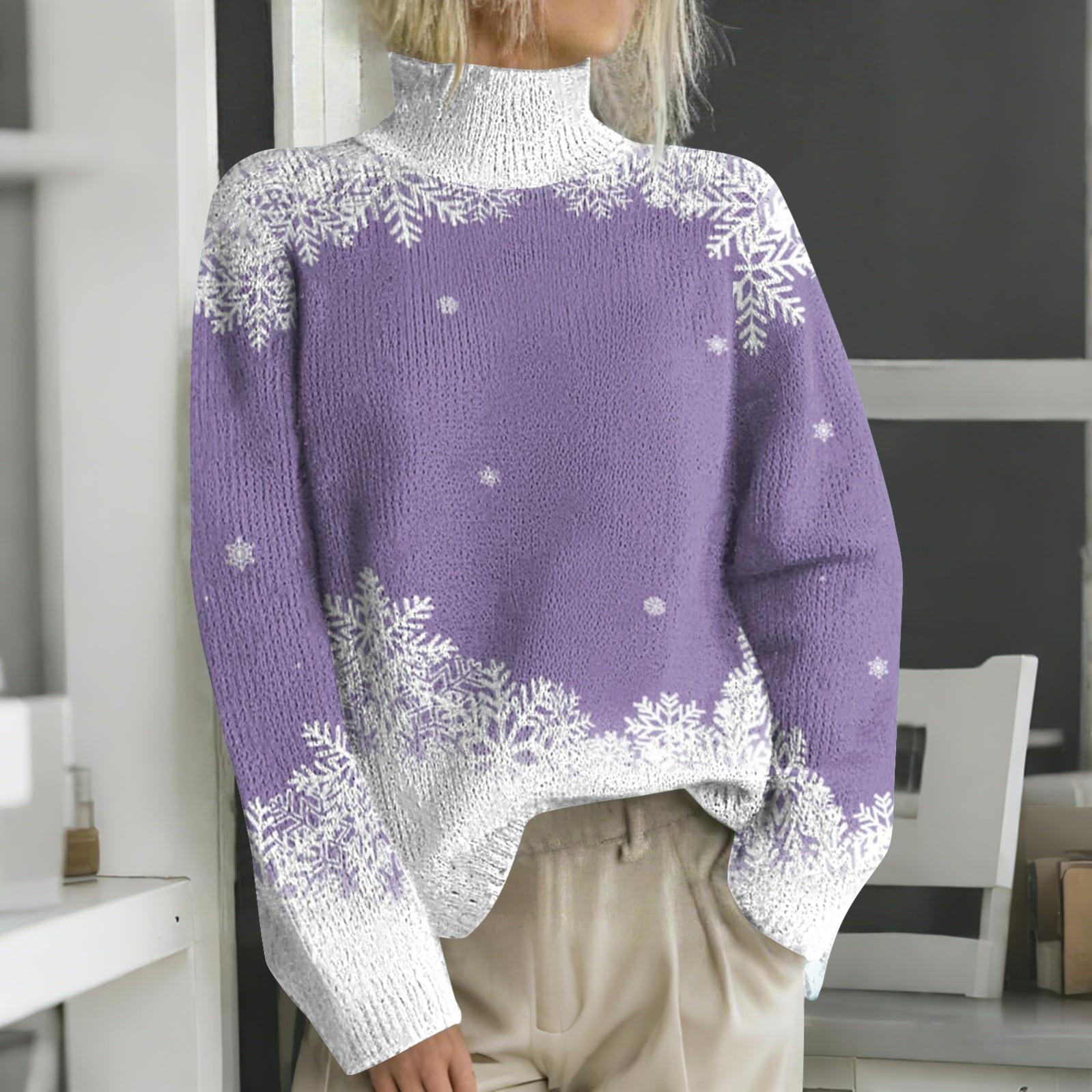 

Рождественские толстовки для женщин Вязаный свитер Милая рубашка Осенняя водолазка Пуловер Топы M фиолетовый