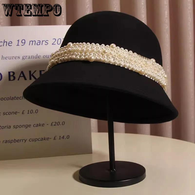 WTEMPO French-style Chic Retro Elegant Pearls Bucket Hats Women Autumn Winter Stylish Easy To Match Warm Solid Color Fedoras