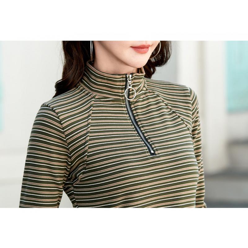 Herbst Reißverschluss Retro Gestreift Langarm Basic Shirt Schmale Passform Vielseitiges Lässiges Oberteil Damen Neues Modisches Oberteil