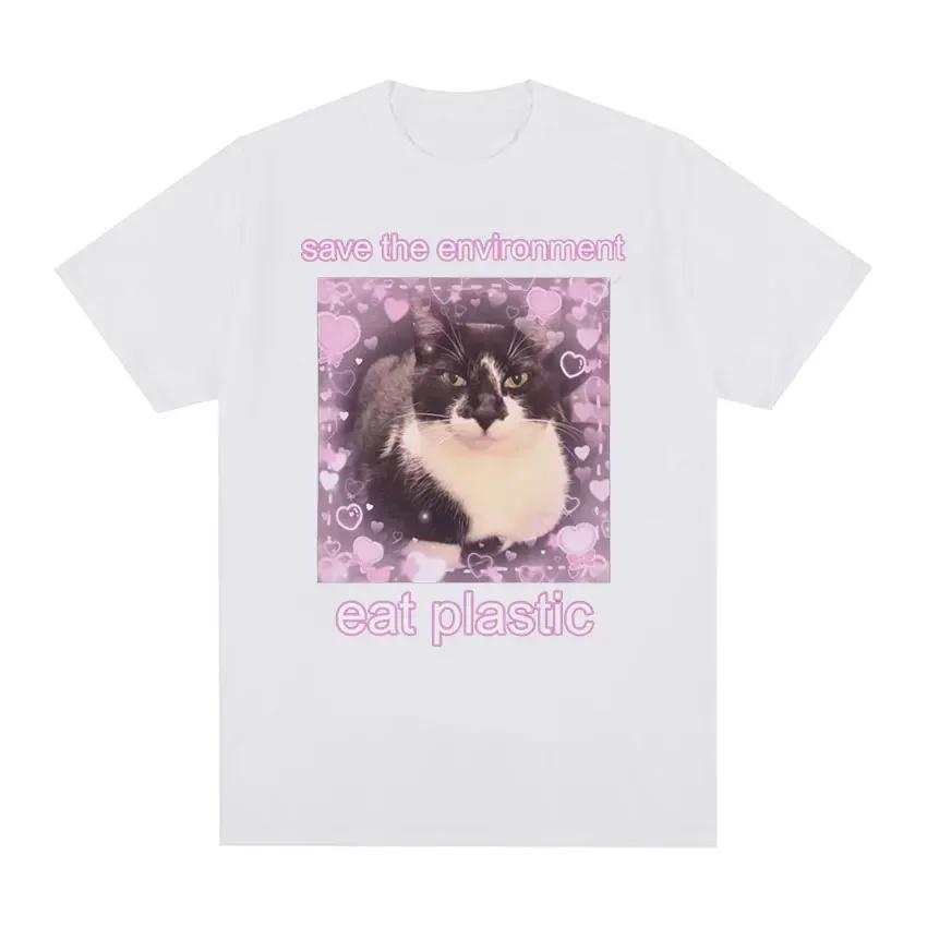 Save The Environment Eat Plastic Cute Cat Graphic T Shirt Funny Men Women O-Neck Clothing T-shirts Oversized T-shirt