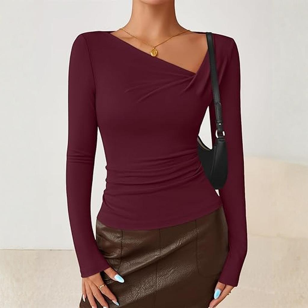 Women's Fashionable Long-sleeved Asymmetrical Collar Fitted Casual Knitted Top