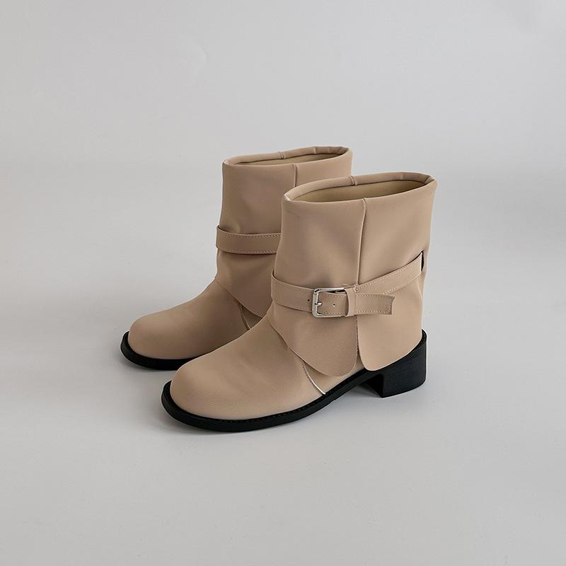 Retro belt buckle women's Martin boots autumn and winter fashion niche design leather boots foldable fashion boots short boots
