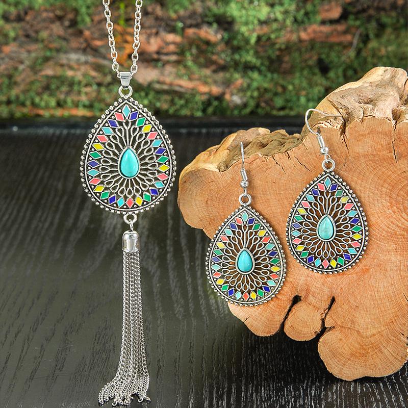 Ethnic Temperament Water Drop Earrings Necklaces Set for Women Vintage Hollow Drop Glaze Tassel Necklace Boho Female Jewelry