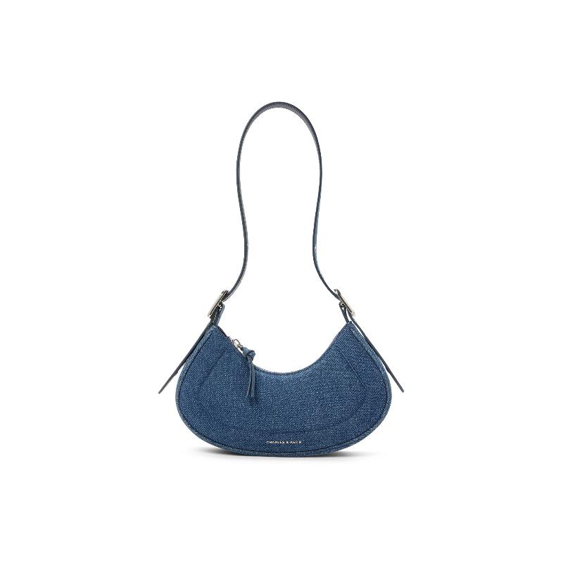 New CHARLES&KEITH Denim Shoulder Bag, Pea Bag Single Shoulder Bag Women's Dark Denim Blue CK2-20271258-1
