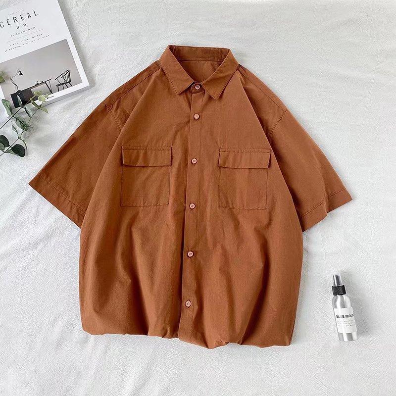 Solid Color Short Sleeve Shirt, Unisex Summer Korean Style Cool Workwear Top Trendy Loose Fit Shirt Jacket