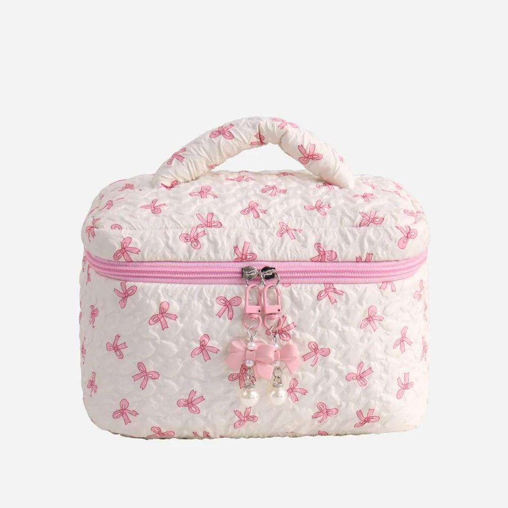 Fashion Bowknit Print Cosmetic Bag Large Capacity Pink Color Storage Pouch Makeup Bag Travel
