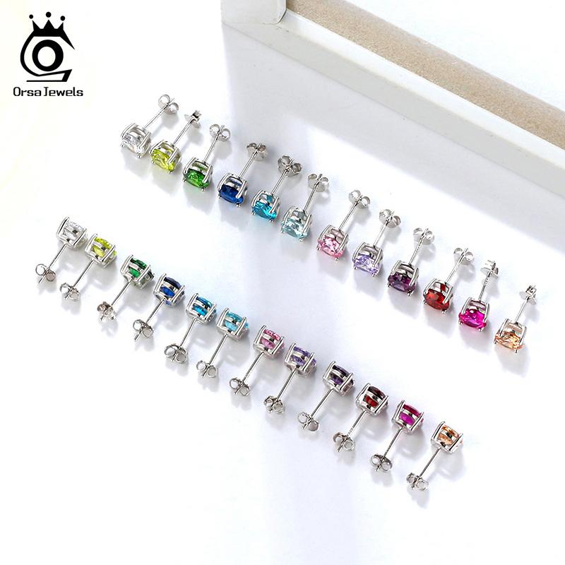 ORSA JEWELS 925 Sterling Silver Birthstone Stud Earrings for Women Sparkling Heart Cut CZ Small Earrings Birthday Gift APE32