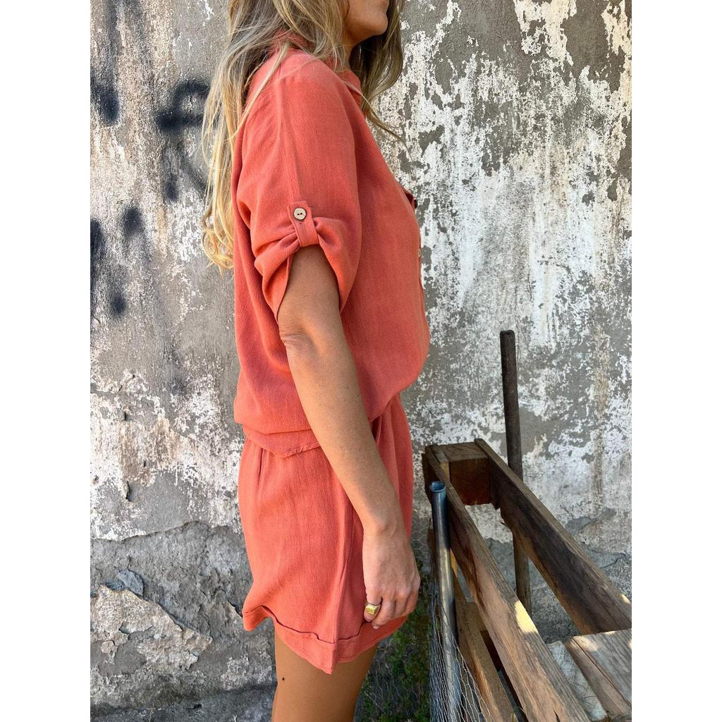 Summer Women's Fashion Elegant Shorts Short Sleeve Two-Piece Set Casual Commuter Loose Button Shirt Tops And Shorts Set