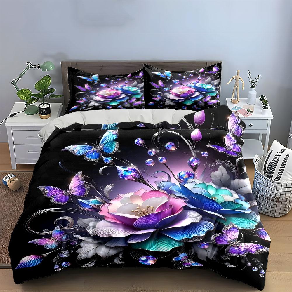 Elegant Floral And Butterfly Trio Ideal For Home Decor, Kid'S And Adults' Bedroom Decor,Exquisite Three-Piece Bedding Set Gift