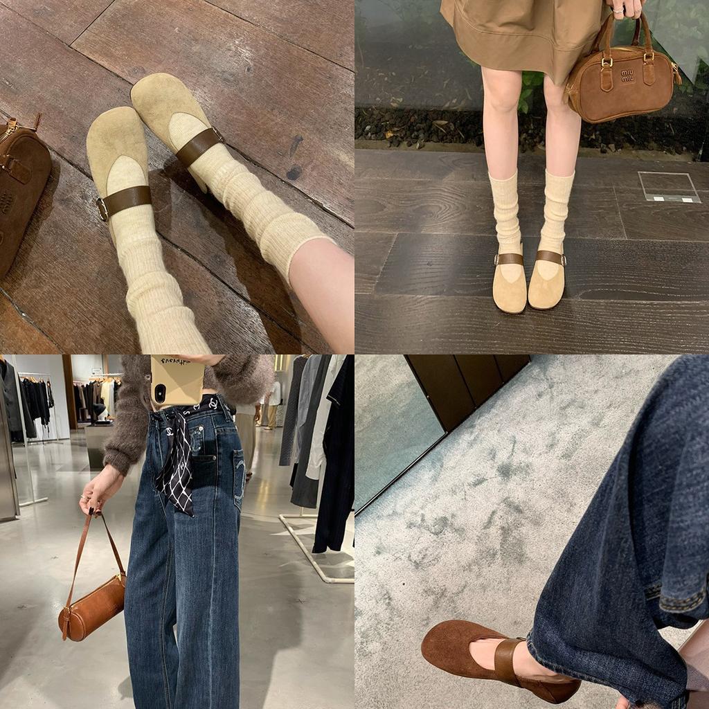 Retro velvet~ leather flat-bottomed Mary Jane shoes for women's 2025 autumn new fashionable round head belt buckle light mouth single shoes
