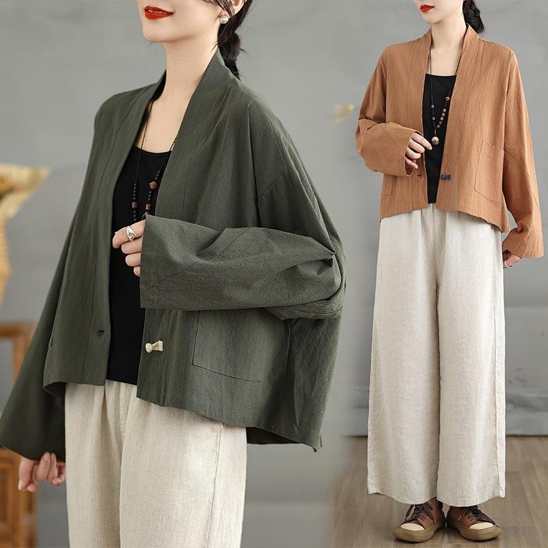 Damen S Locker Kurz Baumwoll-Leinen-Mischung Strickjacke Hemd