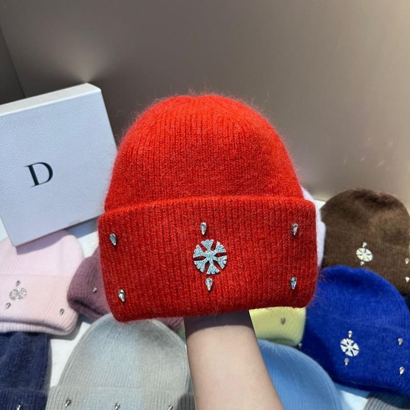 Winter Warm Knit Hat Rabbit Fur Faux Snowflake Rhinestone Earflap Beanie Fashionable Soft
