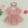 Tuta Vestito Romper per Neonata Bambina Manica Corta Fiocco Tulle Tute Estive Body con Fascia Abbigliamento Toddler