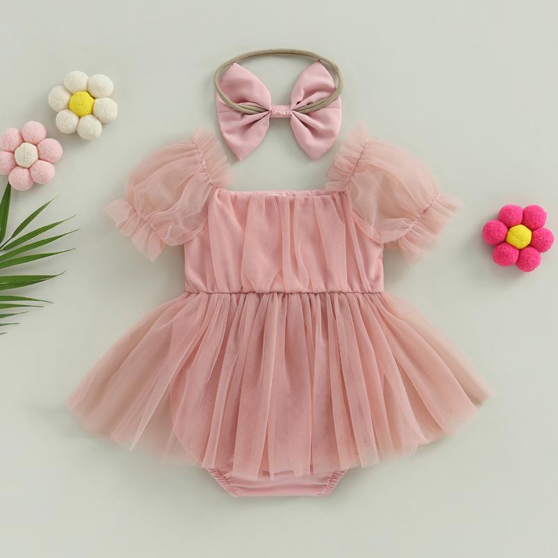 Tuta Vestito Romper per Neonata Bambina Manica Corta Fiocco Tulle Tute Estive Body con Fascia Abbigliamento Toddler