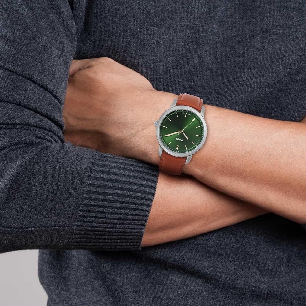BUREI Men's Analog Quartz Watch Waterproof Leather Strap Silver Green Brown Lightweight Business Watch