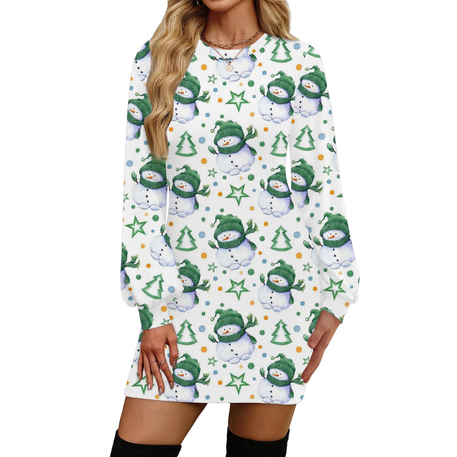 Women s Fashion Casual Christmas Print Round Neck Long Sleeve Dress L