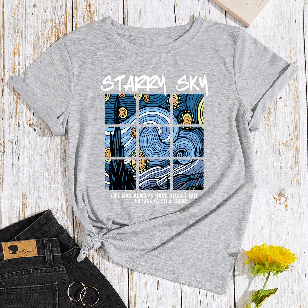 Bawełniany T-shirt Krótki Rękaw Okrągły Dekolt Damski Nadruk 2D Top