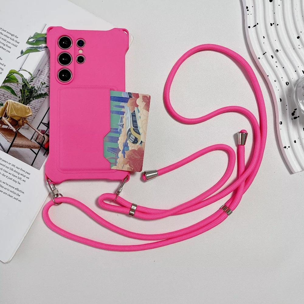 Soft Silicone Phone Case For Samsung S26 Ultra S25 Edge S24 S23 FE S22 Plus Card Holder Lanyard Shockproof Protection Cover