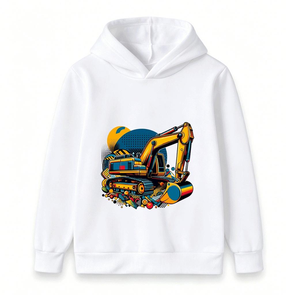 Kids Excavator Print Hoodie Sweatshirt, Cartoon Construction Vehicle Pullover for Boys Girls, Casual Long Sleeve Tops for Daily Wear