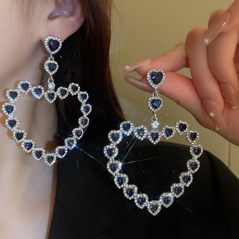 Boucles d'oreilles Cœur Strass Exagéré Argent Sterling: Mode Européenne & Américaine Haut de Gamme Luxe pour Femmes