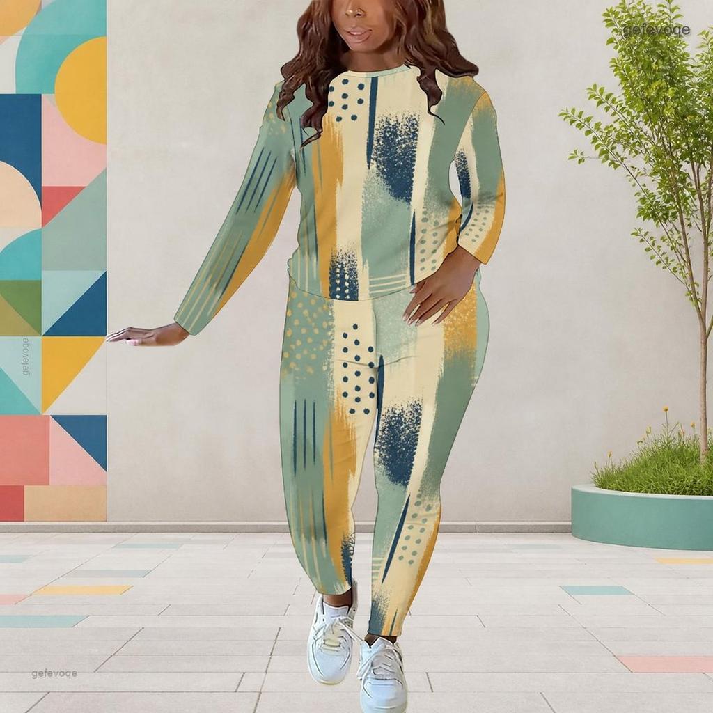 Women Plus Size Dark Blue Printed Round Neck Long Sleeve Top And Fitted Pants Two Piece Set