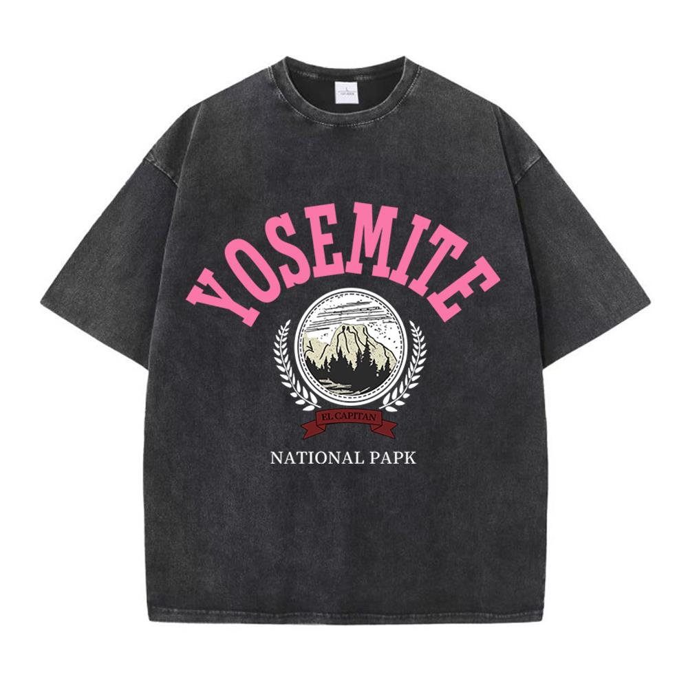 Women Cotton Washed T-Shirts Fashion Design Yosemite National Papk Printing Tops O-Neck Loose Distressed Casual Clothes