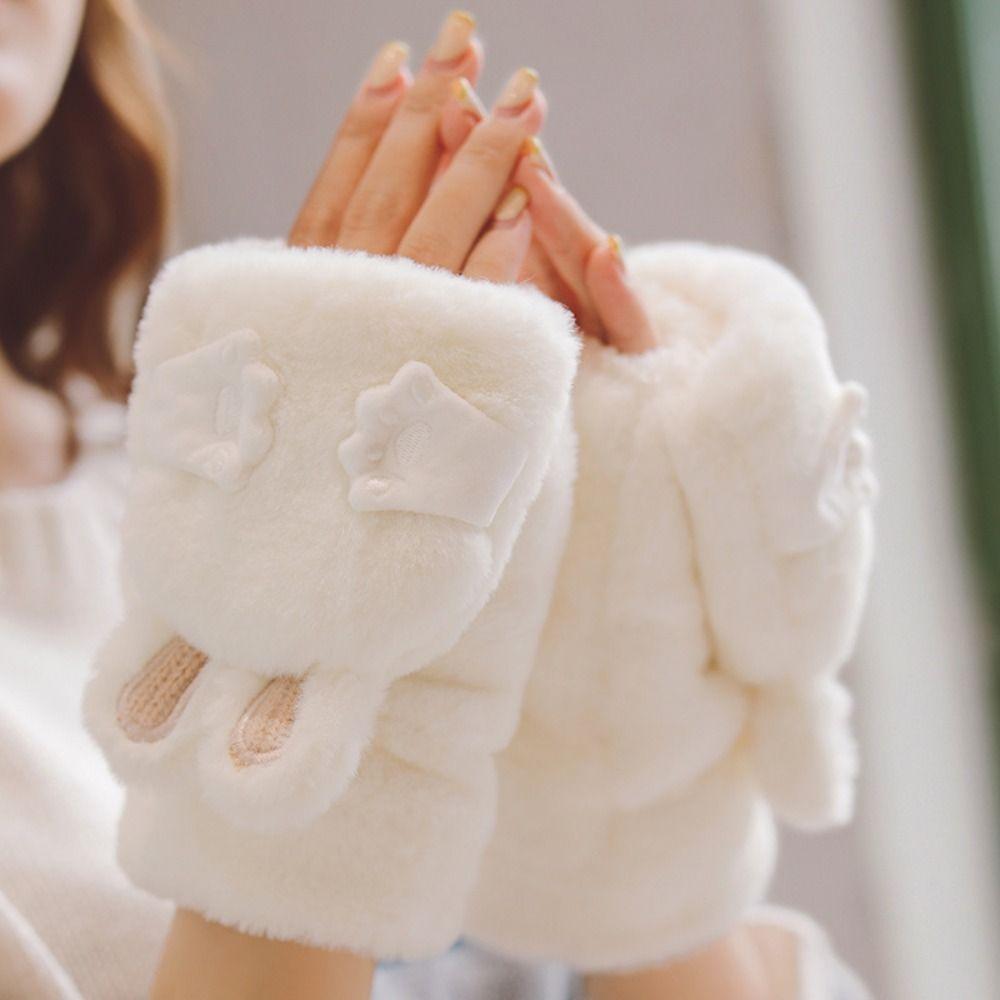 

Перчатки с кроличьими ушками, перчатки с половиной пальца, плюшевые перчатки с сенсорным экраном, зимние теплые толстые перчатки для езды на велосипеде