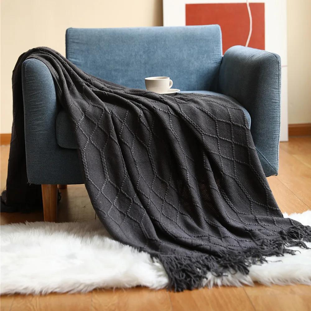 Nordic Knitted Throw Blankets with Tassels Khaki Cream Grey Vintage Blankets Luxury Bed Sofa Couch Oversized Bedspread Cover