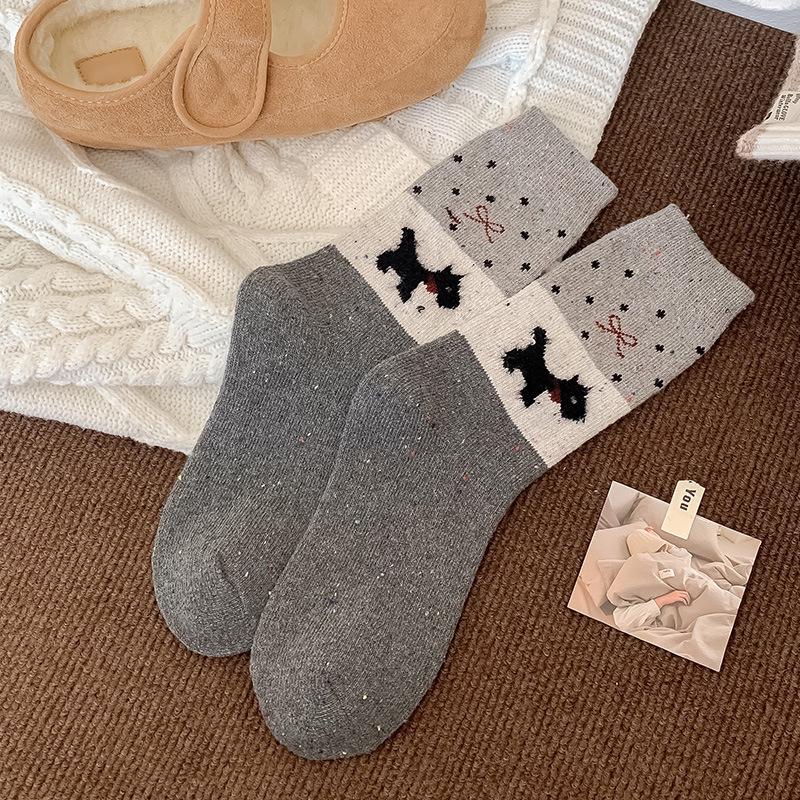 Women's Mid-Calf Fair Isle Pattern Wool Socks - Cute, Warm, and Thickened for Autumn and Winter, with Small Dog Design.