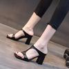 Summer new thick-heeled slippers women's outer wear square head open-toed one-word foreign trade large-size high heels
