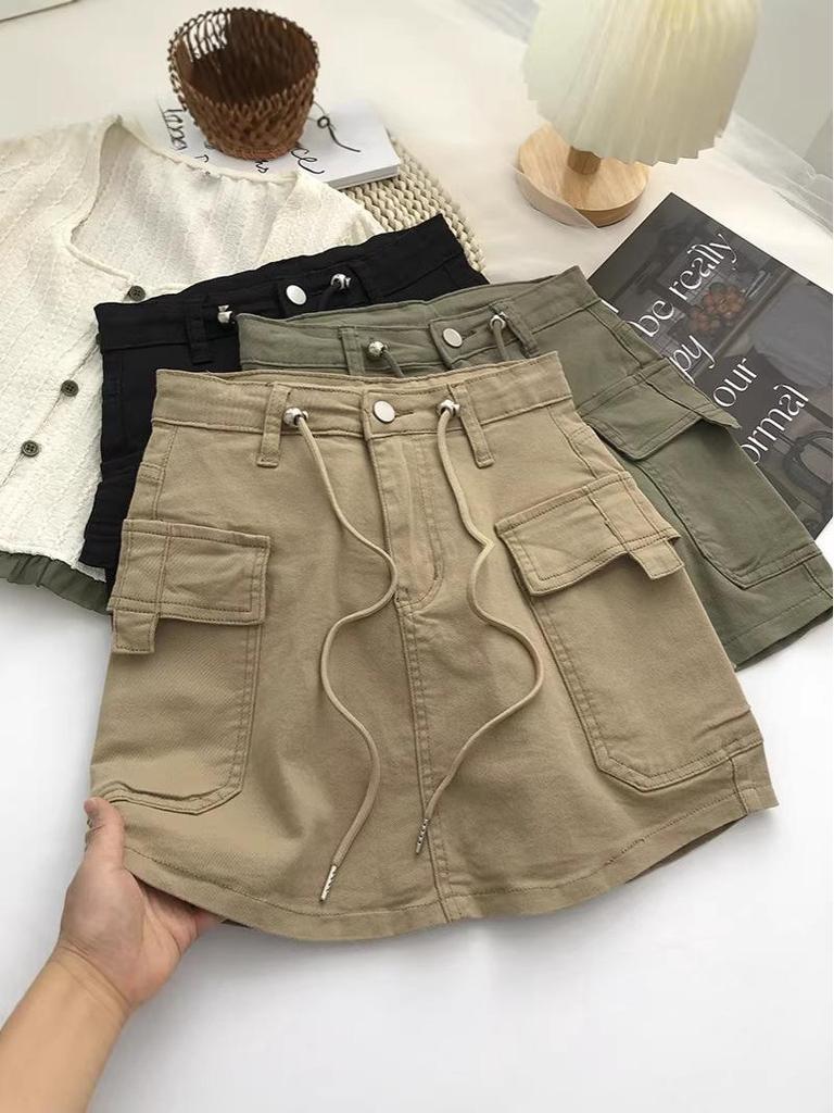 2024 Summer Korean Style Women's Retro High-Waisted Denim Mini Skirt with Side Drawstring Ties
