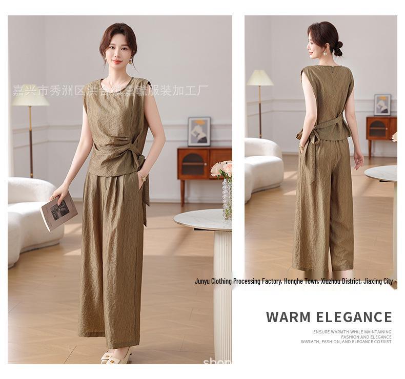 Elegant Sleeveless Tie-Waist T-Shirt Set for Middle-Aged Women - Stylish Summer Two-Piece