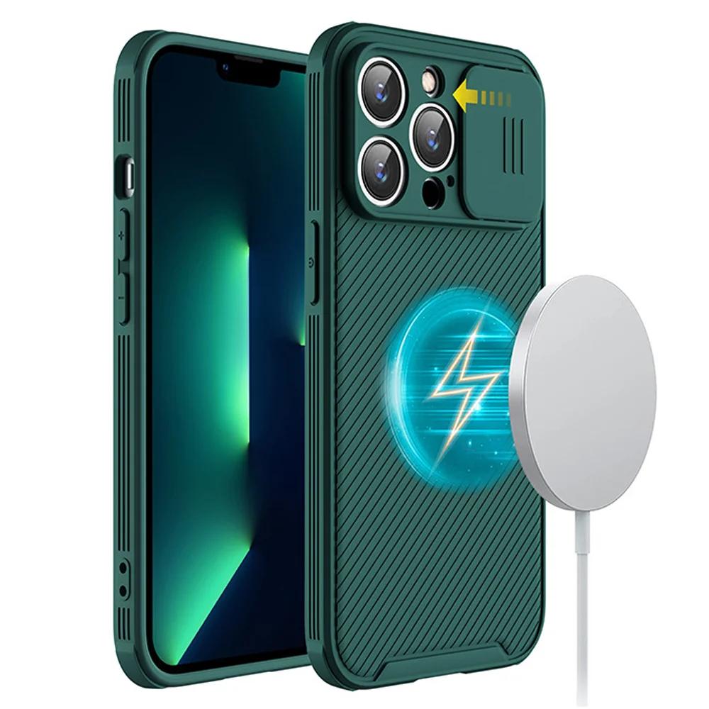 Slide Camera Lens Protection Magnetic Case for iPhone 15 13 12 14 Pro Max Plus For Magsafe Wireless Charging Soft Silicone Cover