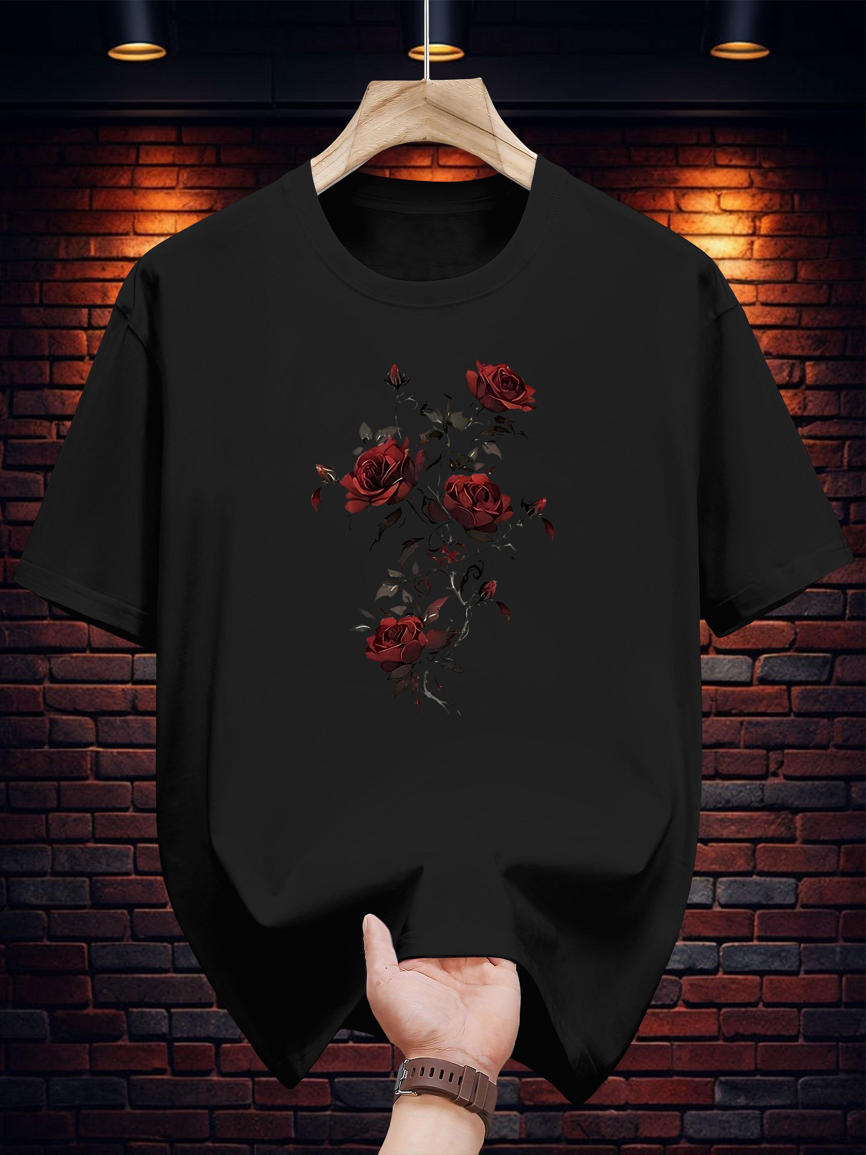 T-shirt with Vibrant Red Roses & Butterflies Print - Casual Summer Tee XXXL