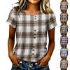 Women Casual Plaid Short Sleeve T Shirt Button Front Round Neck Lightweight Loose Fit Top for Everyday Wear