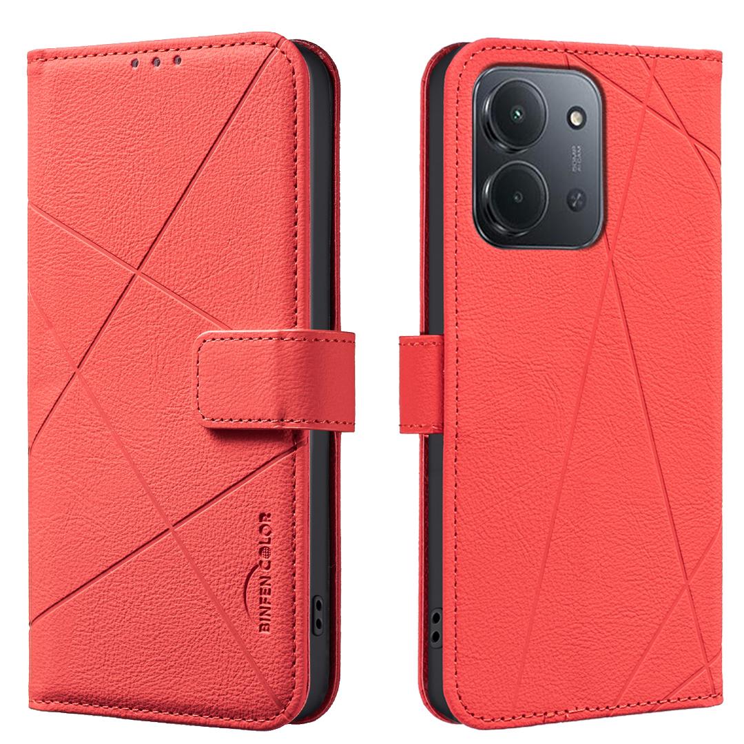 

Для Xiaomi Redmi 15C 4G (173мм)/Чехол для Xiaomi Redmi 15C 5G BINFEN COLOR BF35 Кожаный чехол для телефона с геометрическим тиснением Кошелек с RFID-блокировкой Подставка Red