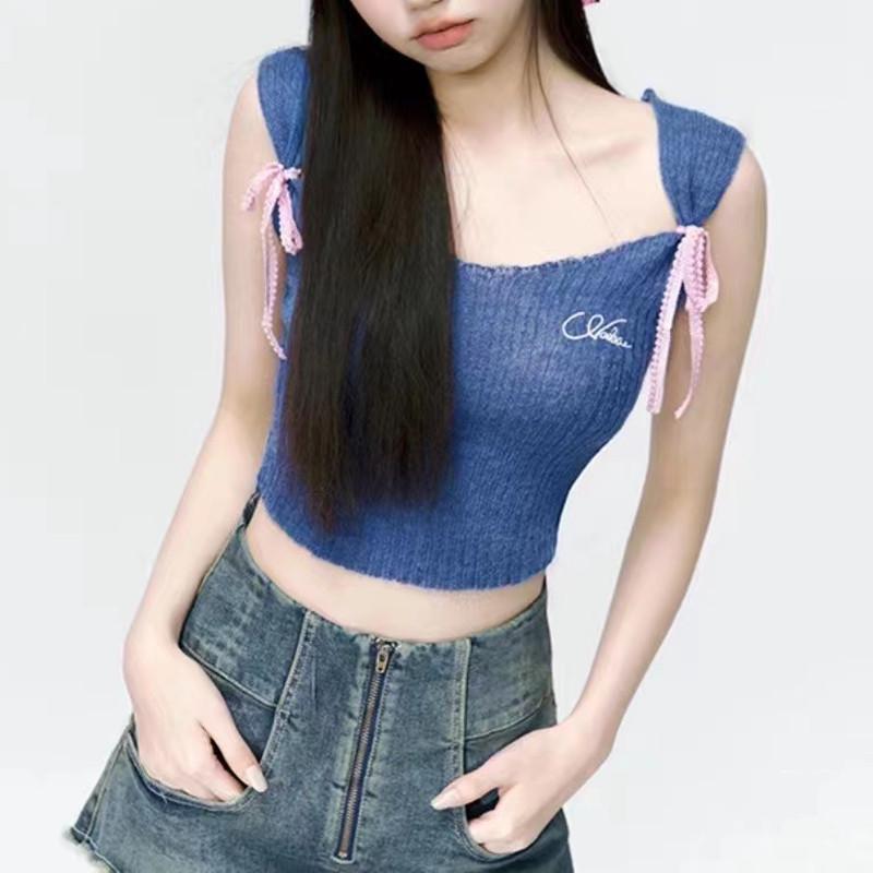 Summer American Spicy Girl Contrast Bow Tie Strap Knit Halter Crop Top One Size синий