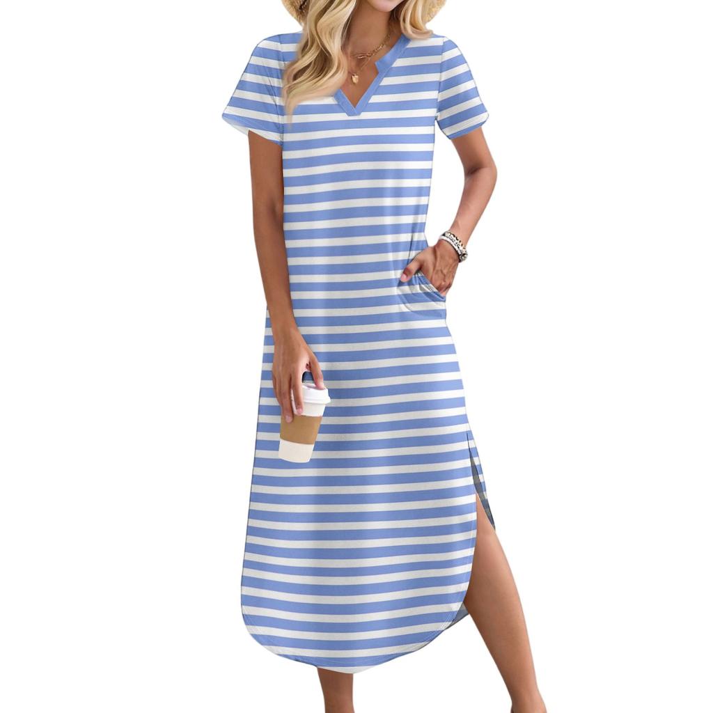 Abiti Lunghi Casual Comodi da Donna con Scollo a V, Orlo Svasato, Spacco, Manica Corta, Strisciati, per le Vacanze