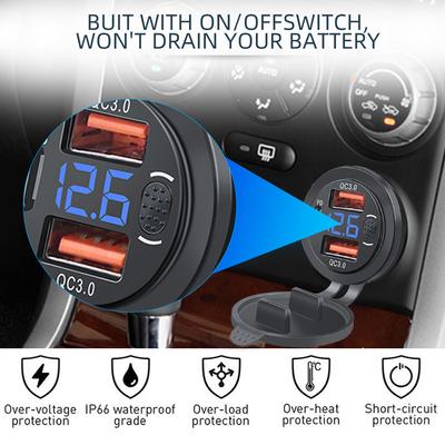 Auto-Bordladegerät, Dual-USB-Schnellladeanschluss 3.0 und PD-Buchse mit digitalem Voltmeter, Druckknopfschalter, Auto, Boot, LKW, Wohnmobil