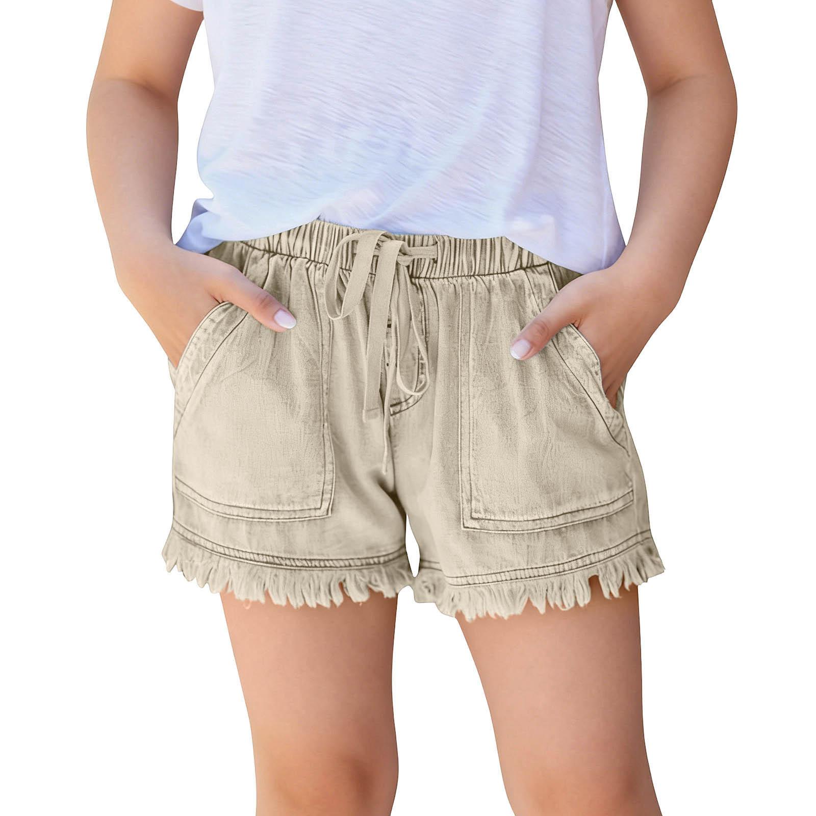 

Kids Fringe Denim Shorts - High Waist Elastic Casual Bottoms 110 бежевый