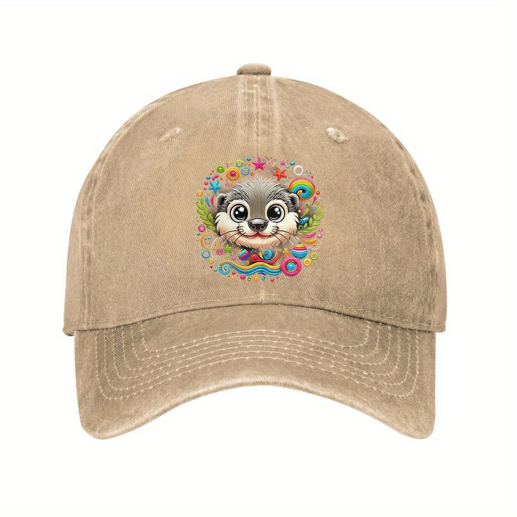 Cute Colorful Otter Face Baseball Cap Washed Cotton Adjustable Dad Hat Casual Outdoor Cap