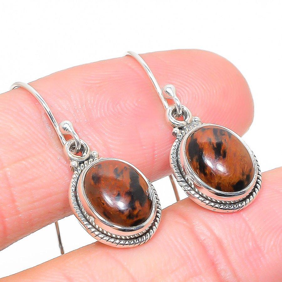 Pierre Gemme Obsidienne Acajou Naturelle Boucle d'Oreille en Argent Sterling Massif 925 1.25" W0G89